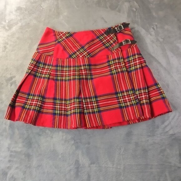 Plaid Mini Skirt Women’s Size 28 Red Tartan Punk Wool Buckle Y2K Grunge Academia - Picture 1 of 11